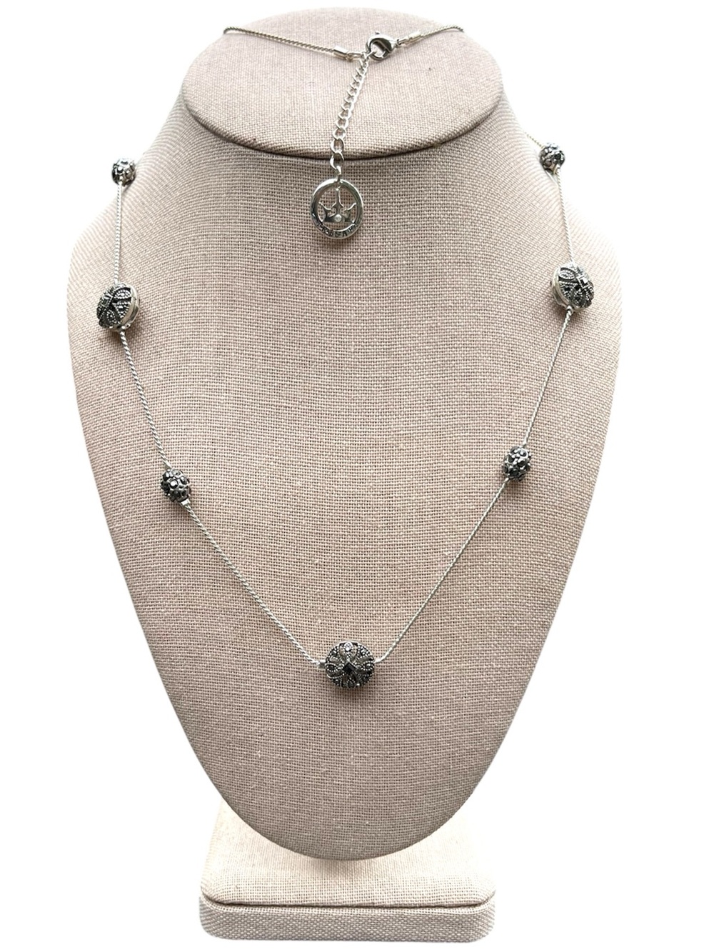 Crown Trifari Silver Tone Marcasite Black Rhinestone Necklace Lobster Claw